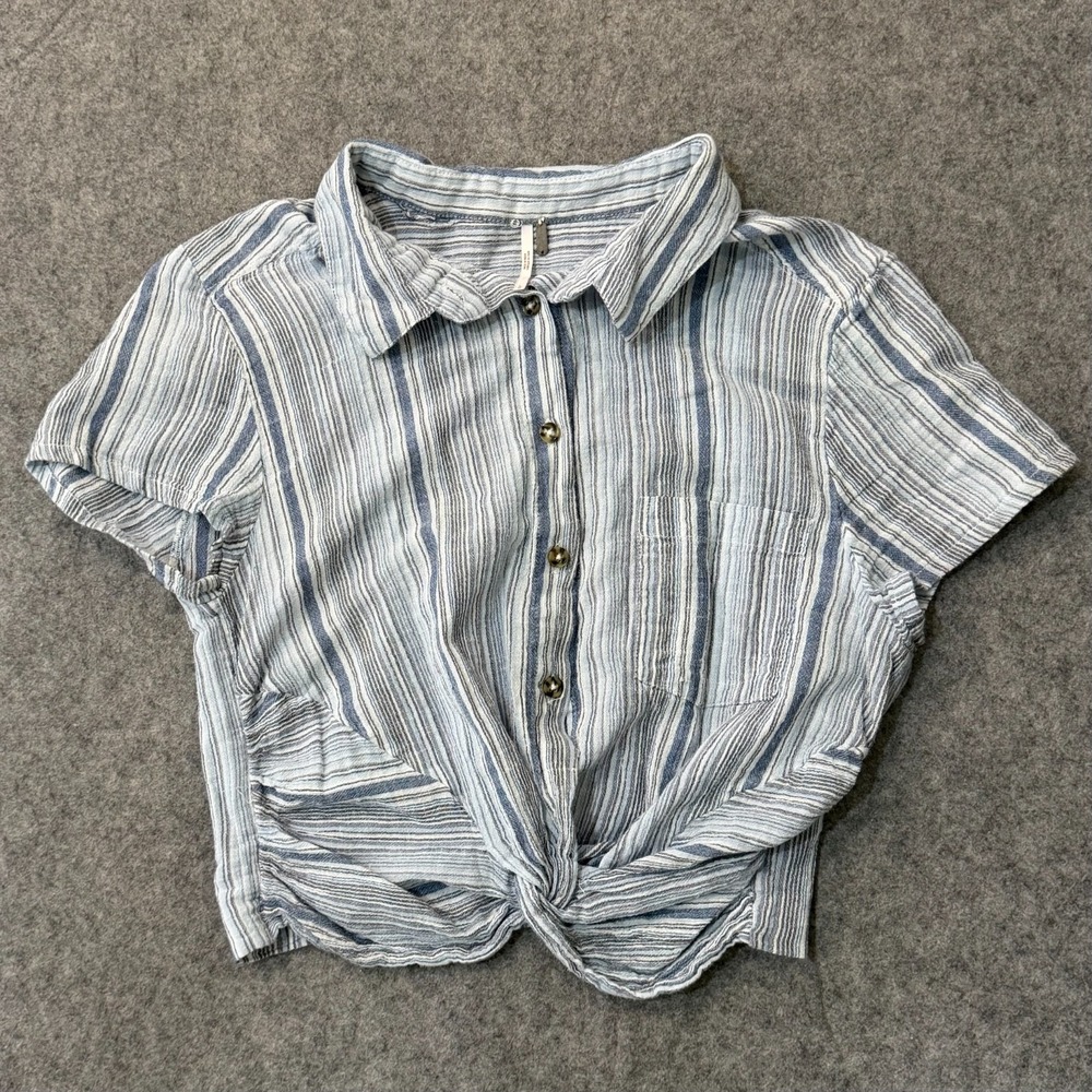 Free People Blue Striped Knotted Waist Button Down Top Women's Size Large